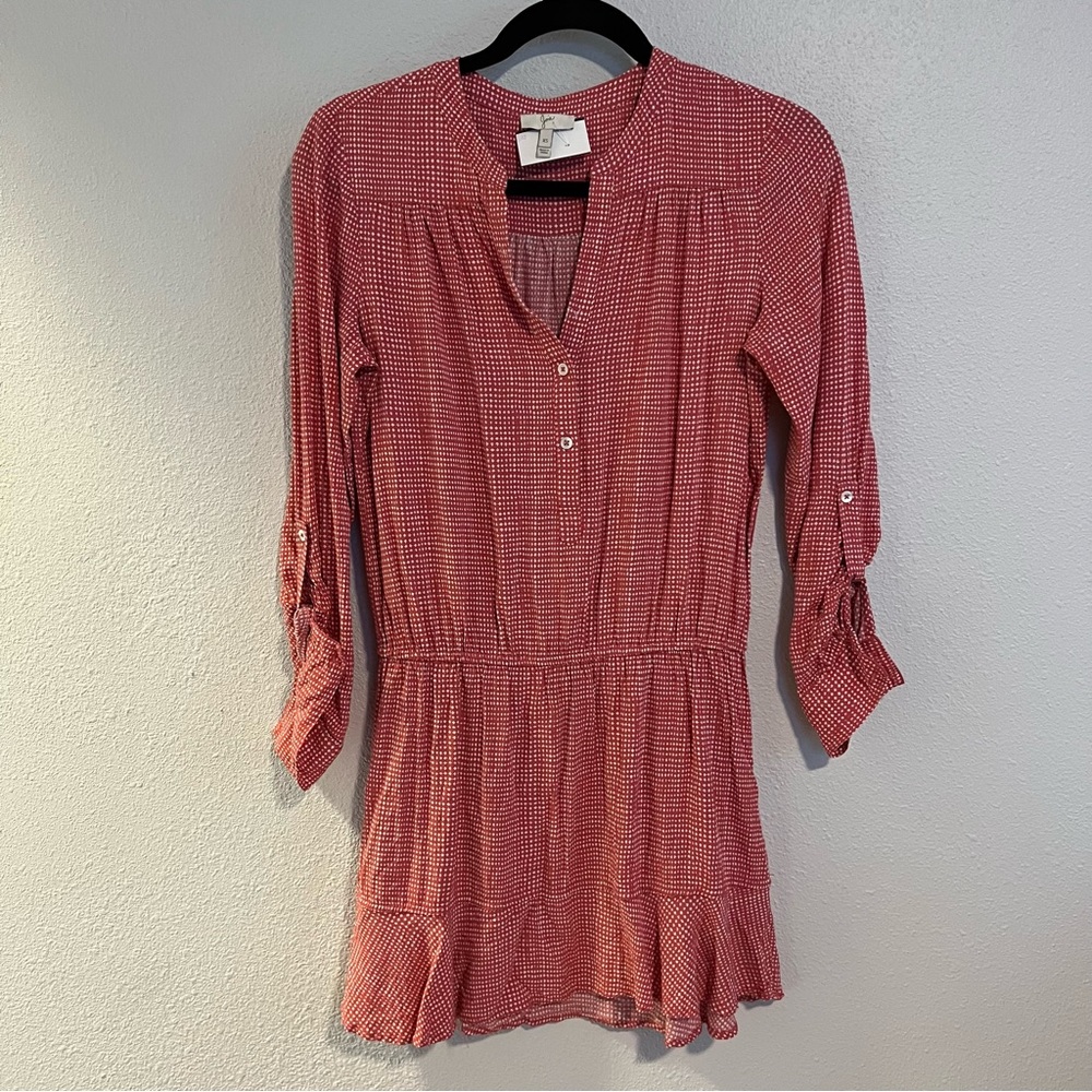 Joie Red White Printed Roll Tab Long Sleeve Mini Ruffle Hem Dress Womens size XS